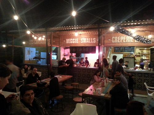 Veggie Smalls at night at Veggie Smalls in Tijuana