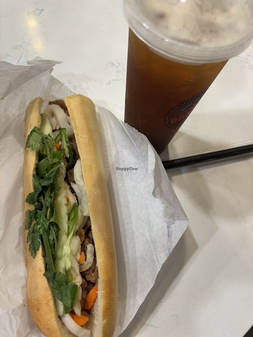 Banh mi with mock meat and tea.  at Paris Banh Mi in Elk Grove