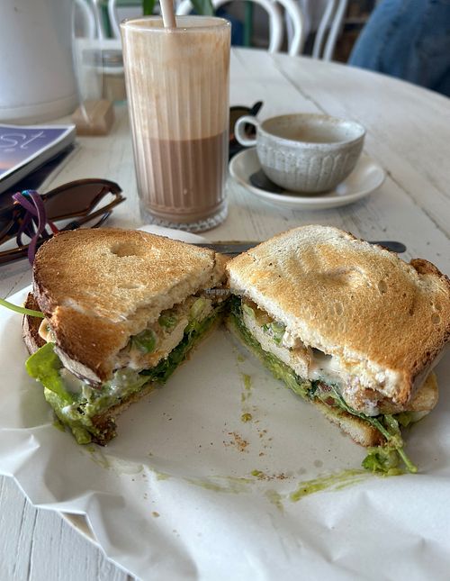 Crispy Tofu Sambo - most delicious flavorful and well textured tofu. Chocolate PB smoothie in background   at Saint Jules in San Remo