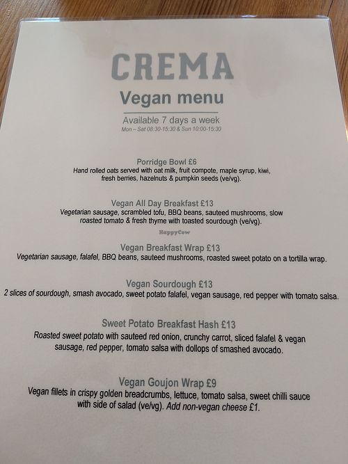 Vegan menu at Crema in Lisburn