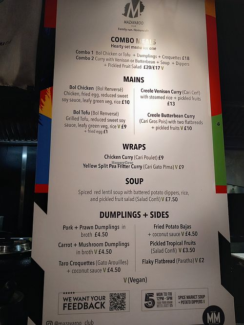 The menu at Mazavaroo in South East London