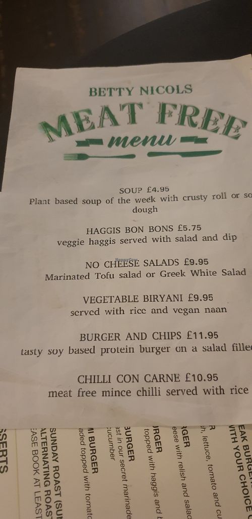 Vegan menu at Betty Nicols in Kirkcaldy