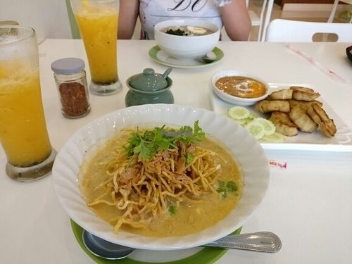 Yummy Khao Soi,  Wakame Soup with Spaghetti and Mushroom Sa-Tay. Passion fruit juice too!  at Kin-Lum Vegetarian in Chiang Mai