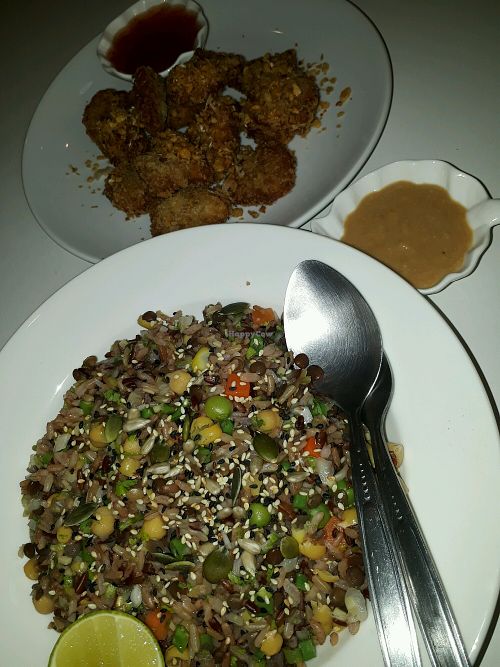 Brown rice salad with mock meat balls at Kin-Lum Vegetarian in Chiang Mai