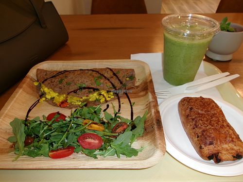Galette Bretonne w/ Tofu Scramble, La Petite Verdure smoothie, and Chocolate Croissant  at Good Way Cafe in Longwood