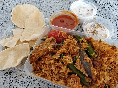 Satti Sorru with vegan fish chunks (takeaways) at Gokul Raas Vegetarian - Little India in Central Singapore