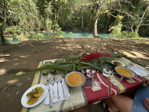 Plantain tostones and pumpkin sip  at Vegan Riverside Picnic with Chef Vita in Ocho Rios