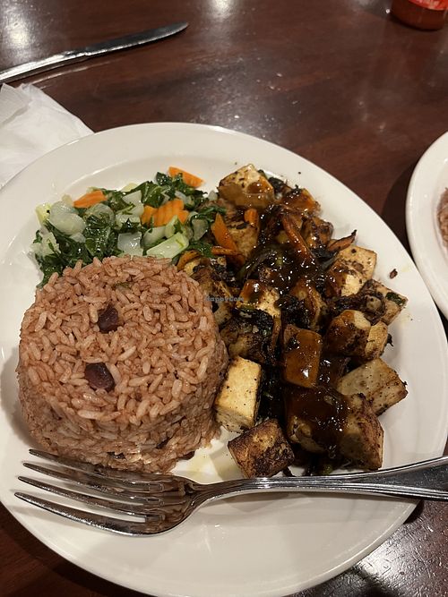 Jerk tofu with rice and peas and pan fried veg  at Toby's Resort Restaurant in Montego Bay