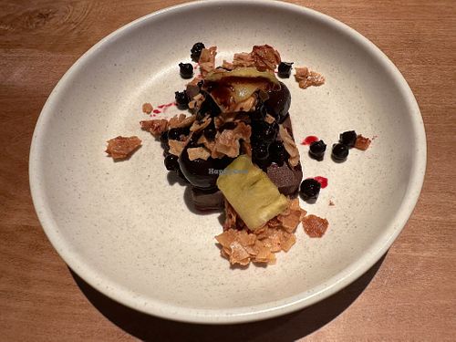 Dark chocolate ganache ‘mudslide’, cherries with blackcurrant coffee syrup, pineapple and coconut bark at No 7 Balmac in Dunedin