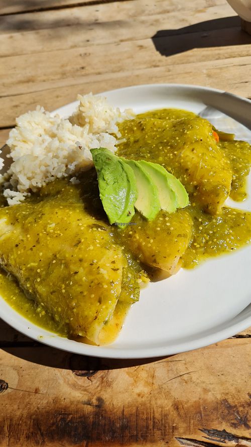 Enchiladas con vegetales and salsa verde at Restaurant La Ventana Ranch in La Paz