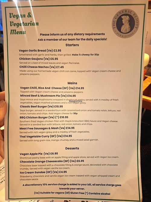 Vegan Menu at The General Eliott in Uxbridge