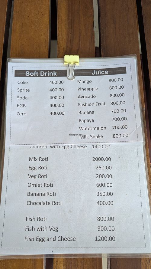 Menu Karte at Larose Roti Shop in Ahangama