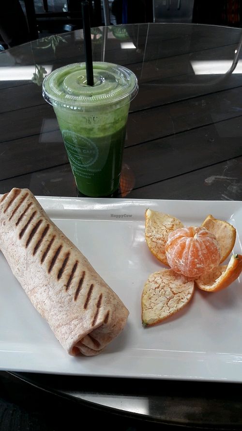Vegan wrap and green juice at Midtown Cafe in Ventura
