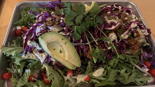 Avocado Tostada w/ Vegan Choriza   at The Red Roof in Gleneden Beach