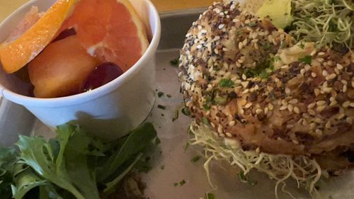 Veggie Bagel w/ Fruit  at The Red Roof in Gleneden Beach