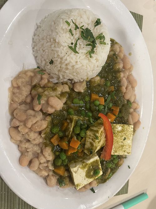 SECO DE TOFU - Cilantro based tofu stew with peas and carrots. Served with beans and white rice.  at Gabby's Peruvian Restaurant in Wichita
