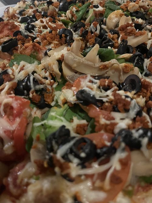 Close up of vegan supreme pizza ft chorizo   at Scuola Pizza  in Gainesville