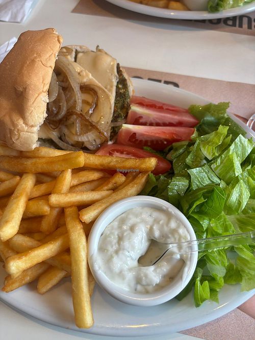 HOUSE VEGGIE BURGER (Burger de Falafel com queijo vegano, cebola grelhada, com folhas de alface romana e tomate montados em pão hamburger, com batatas fritas e molho Tzatziki) at A Chapa Hamburgers in Sao Paulo