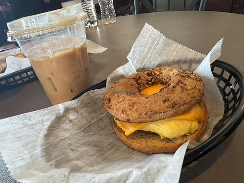 vegan egg and cheese on an everything bagell  at Charhause Cookie  in Bolton