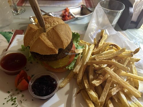 Falafel Burger with fries  at Shana By The Beach in Quepos