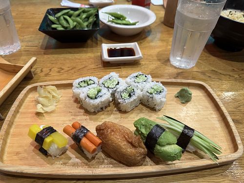 Veggie sushi combo. Came with miso soup. Appetizer of edamame   at Yoshi Ramen in Daly City