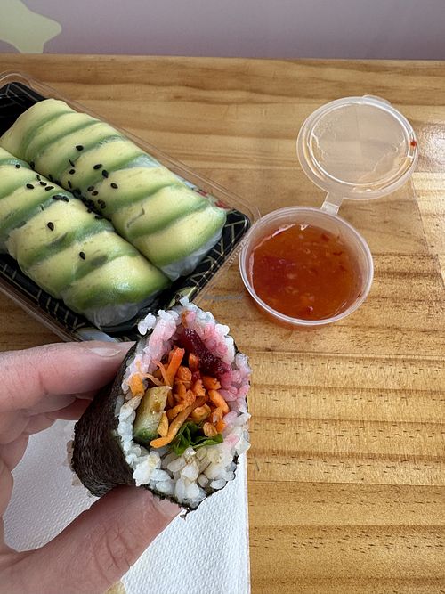 Beetroot hand roll and rice paper rolls with sweet chilli sauce and gluten free soy sauce   at Pika Sushi in Warragul