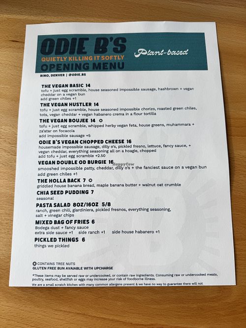 Vegan opening menu  at Odie B's - Rino  in Denver