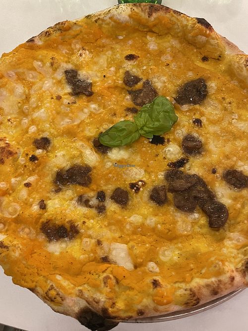 Pizza with vegan mozzarella, mushrooms and pumpkin   at Grezzo Impasto e Peccati in Bellusco