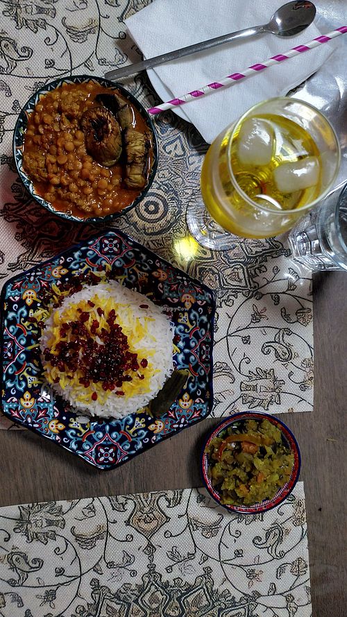 Eggplant stew with soya, rice, pickles, saffron syrup at Saffron Persian Food - Šafrán Perské Jídlo in Brno