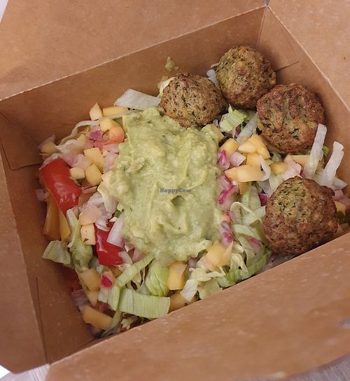 Vegan Falafel Burrito Bowl: Rice, Falafel, Fajita Veggies, Beans, Lettuce, Mango Salsa & Guacamole. at Bandit Brothers in Wilmslow