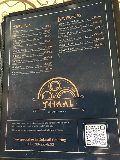 menu (as of June 2025)  at Thaal in Schererville