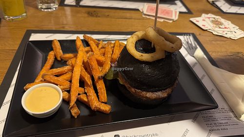 Vegan burger with sweet potatoes fries  at Backcountry in Kopaonik