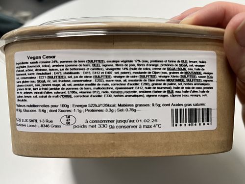 Ingredients list of vegan Ceasar salad  at Cocottes in Esch-sur-alzette