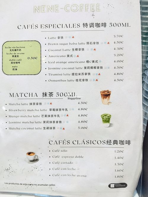 Coffee menu / menú de cafés at Neneté Bubble Tea in Sevilla