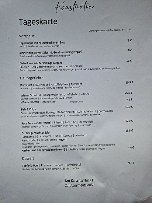 Menu of the day at Restaurant Konstantin in Berlin