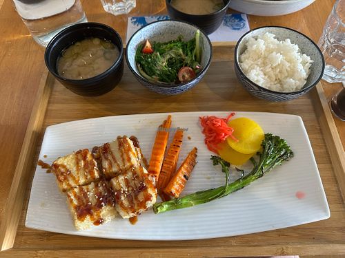 Tofu teriyaki set with miso soup and seaweed salad at Umi  in Toronto