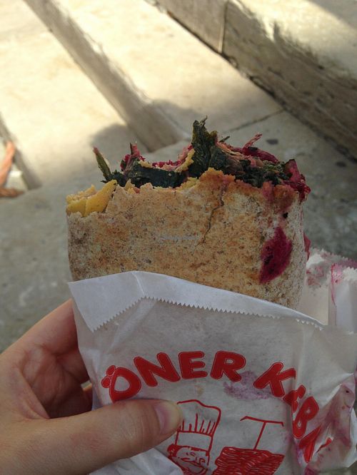 Vegan wrap with rice cheese, beetroot and spinach. at Pizzeria L'Angelo in Venice