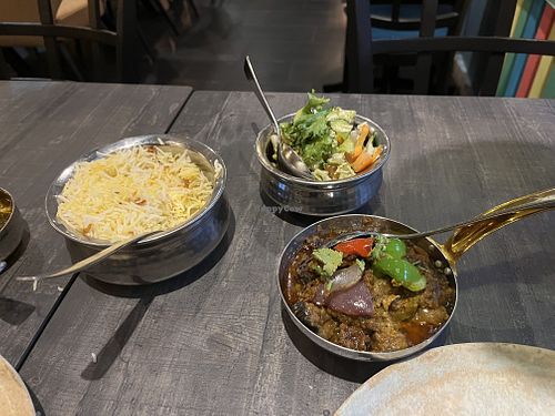 From left to right: Rice, Harabhara Salad, Baingan Mirch Ka Salad (eggplant stuff).  at Indian Village in Gothenburg