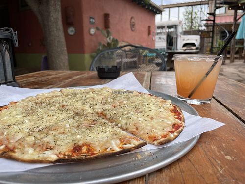 Vegan Cheese Pizza and cocktaills  at Planet Marfa  in Marfa