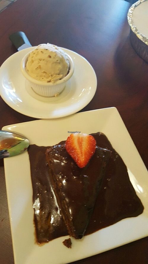 Vegan gluten-free chocolate brownie and maple bourbon ice cream at Green Leaf in Framingham