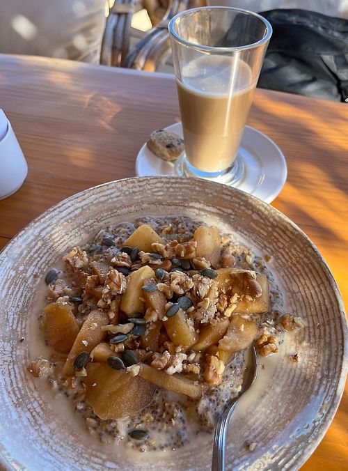 Porridge and oat milk Latte   at Makani Beach Club in El Gouna