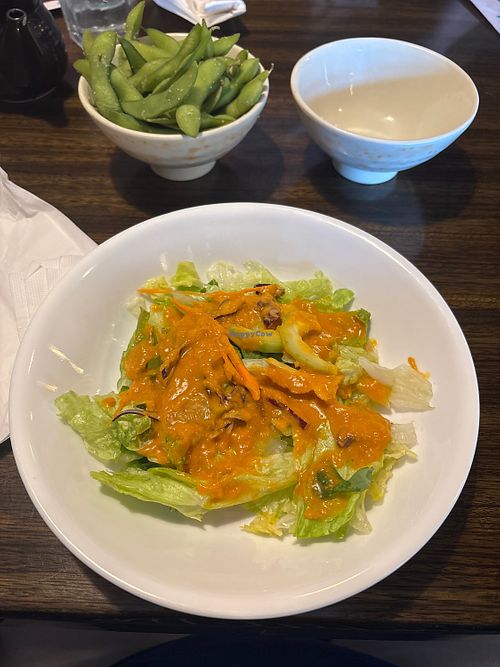 House salad with ginger dressing ; edamamee  at Genki in Cary