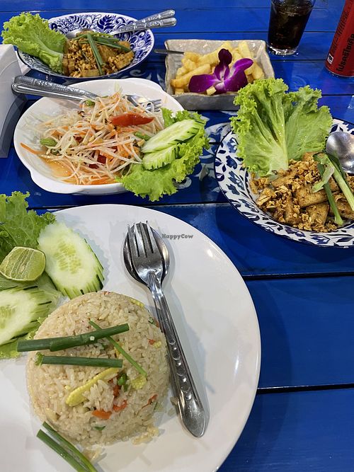 Crispy Garlic Tofu, Vegetable Fried Rice (no egg) and Papaya Salad (no fish sauce).  at Thai Malay Restaurant - Maybe closed in Koh Lanta