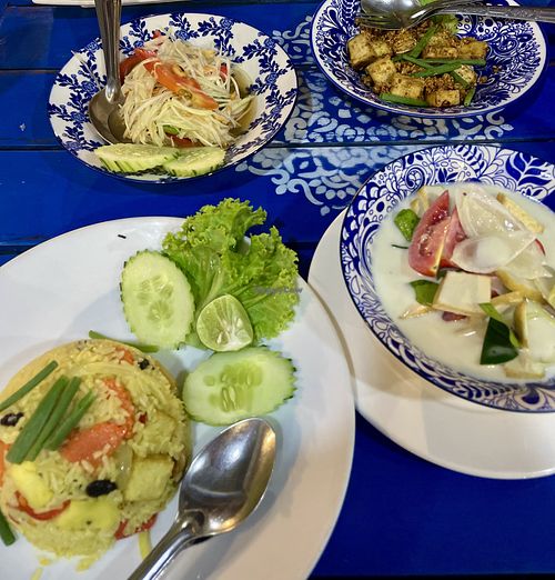 Pineapple Fried Rice (no egg), Tom Kha and Crispy Garlic Tofu.   at Thai Malay Restaurant - Maybe closed in Koh Lanta