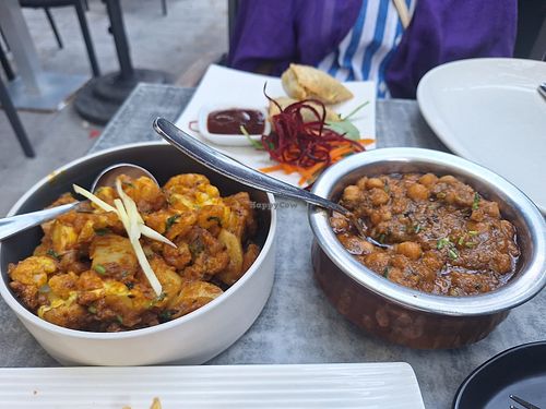 Chana Masala, Aaloo Gobhi, veg Samosas at Bindia Indian Bistro in Toronto