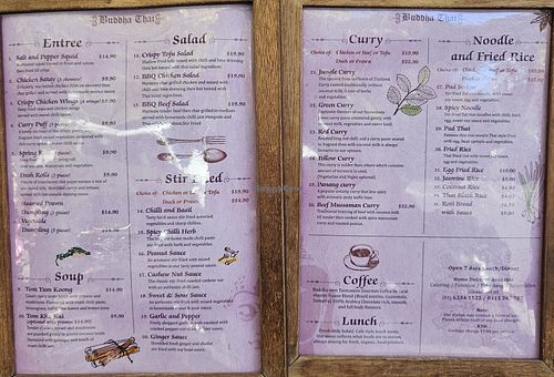 Menu at Buddha Thai in Launceston