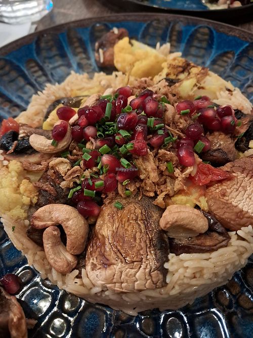 Vegan version of upside down kofta with mushrooms, cauliflower and eggplant at Tawook Lab in Helsinki