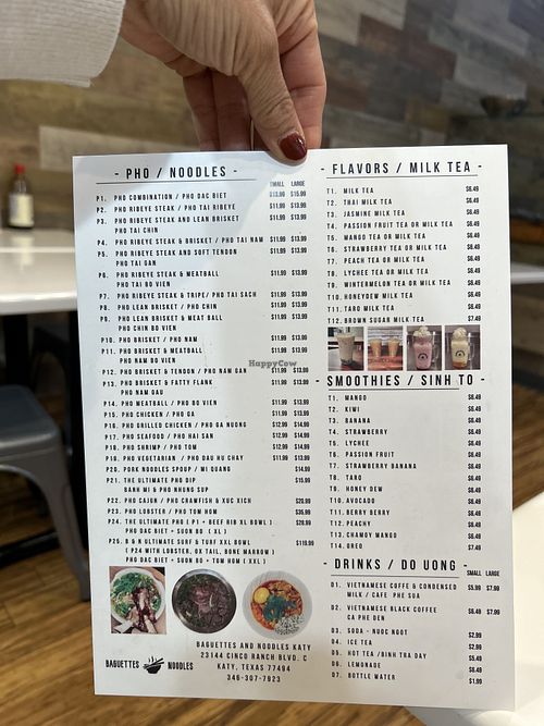 Menu with multiple vegetarian options  at Baguettes and Noodles in Katy