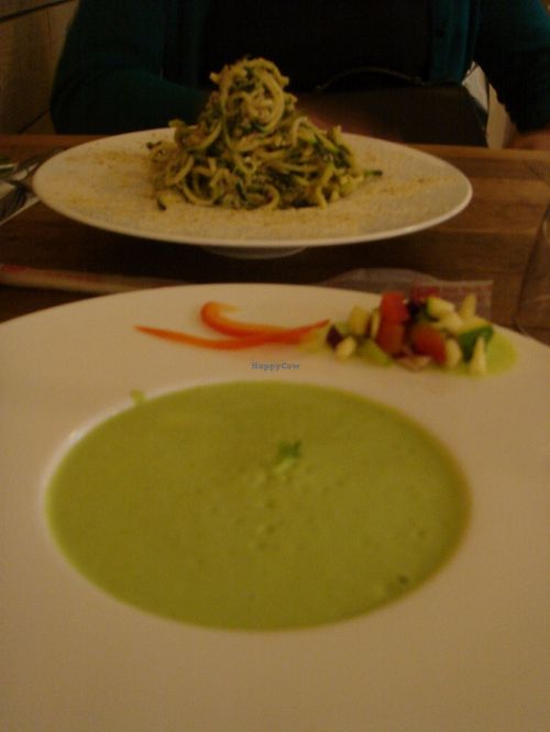 Pea soup and Asian zucchini noodles at Rawcha in Prague