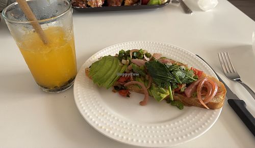 Fresh passion fruit juice & a modified avotoast (menu said cream cheese and egg, they were happy to vegan-ize it w a balsamic onion/pepper/spinach sauté). Coffee selections AMAZIN at El Kafe in Humacao